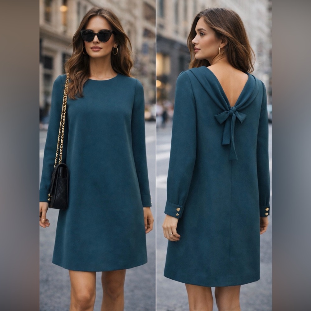 Elegant Teal Long-Sleeve Mini Dress with Back Bow